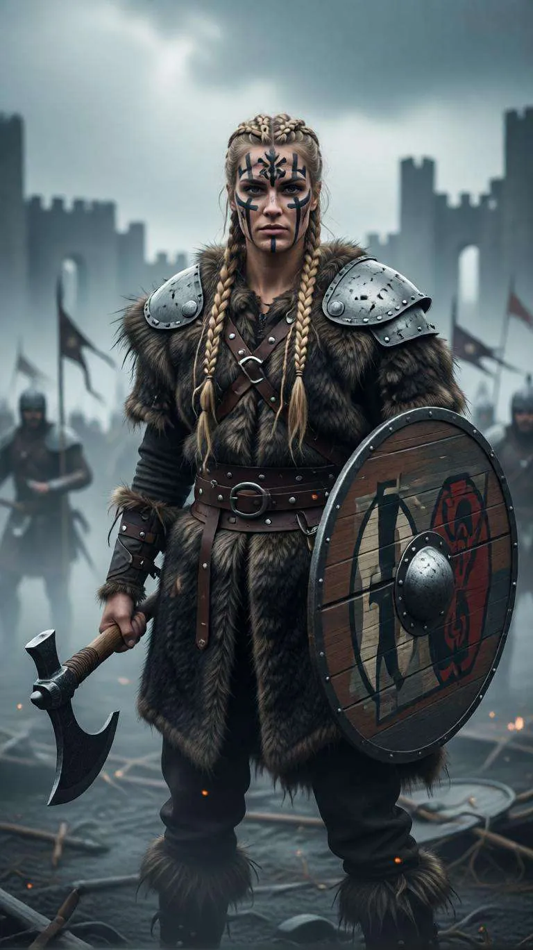 Um guerreiro viking gerado por IA, de tranças e pintura de guerra preta, num campo de batalha enfumaçado, com capa de pele e ombreiras de ferro, segurando um machado e um escudo redondo.