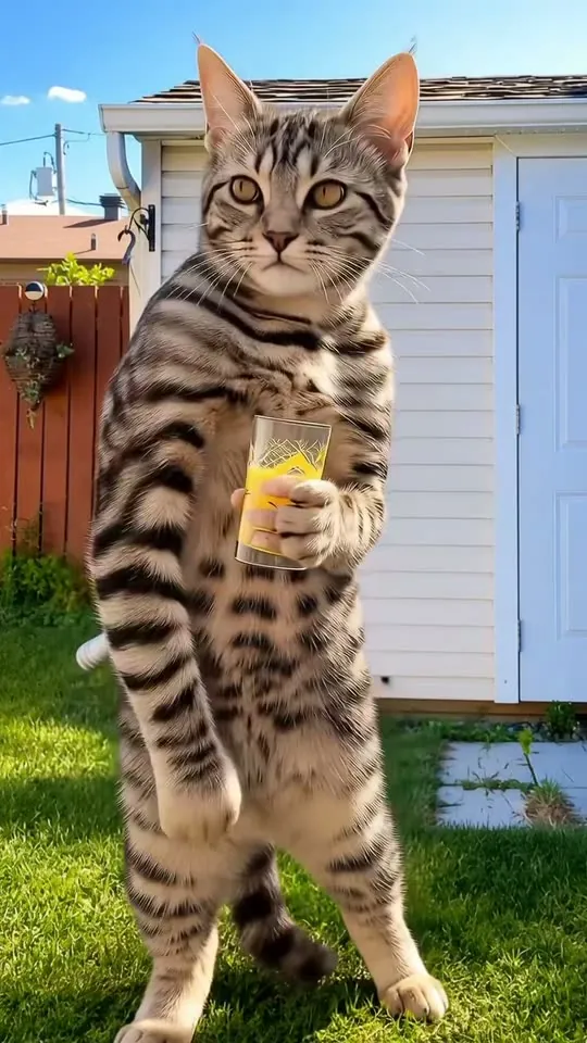 An AI-generated tabby cat standing on its hind legs in a backyard, in front of a white shed and a wooden fence, holding a glass of orange drink in one paw.